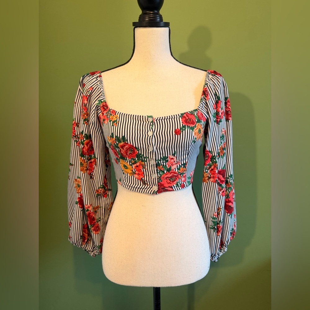 Forever 21 Black-and-White Stripe Floral Square-Neck Crop Top